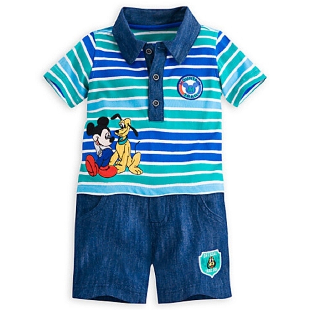 Vtg Disney Mickey Mouse Polo one piece Romper Denim Embroidered